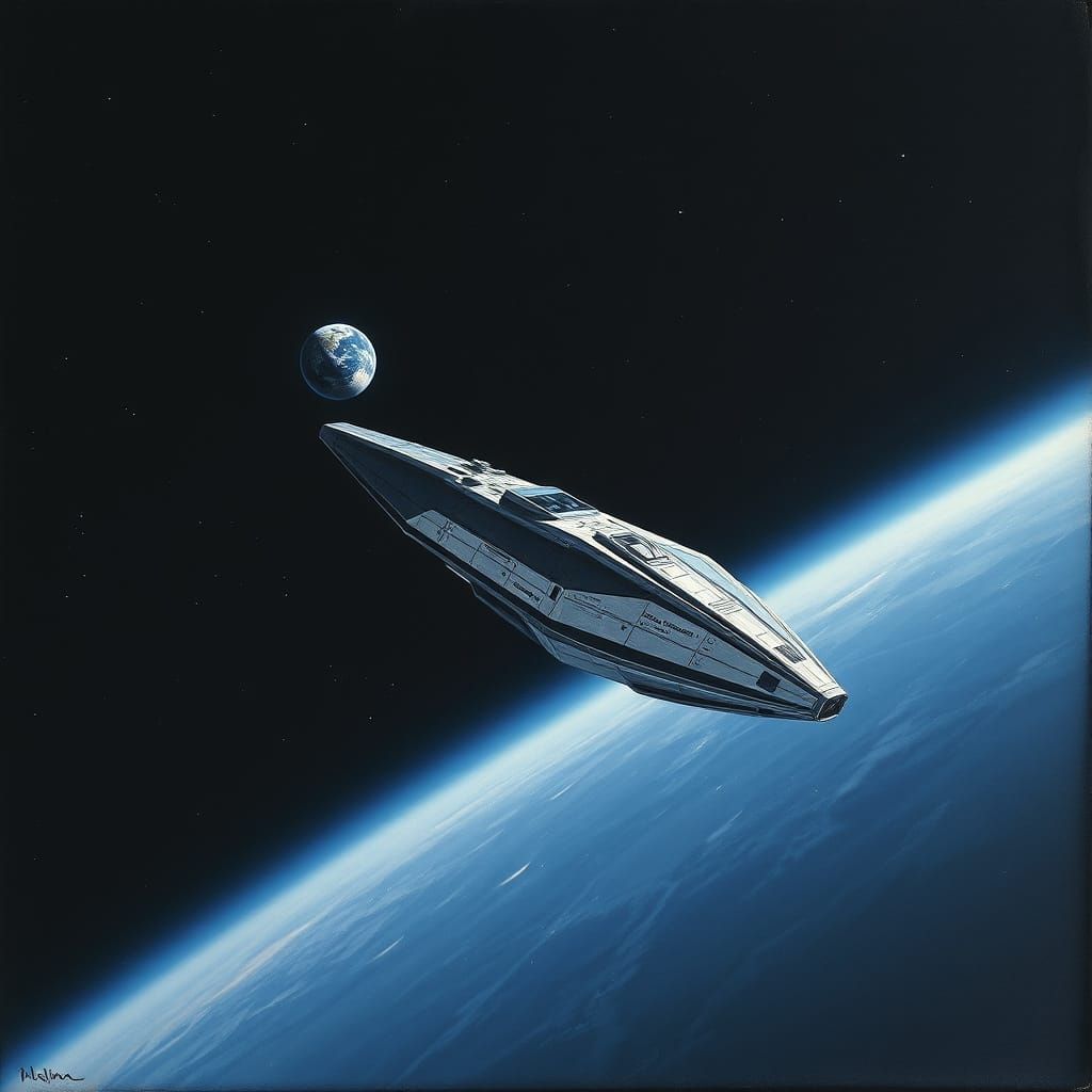 Lone Spaceship Drifts Through Cosmic Blackness in Oil Painti...