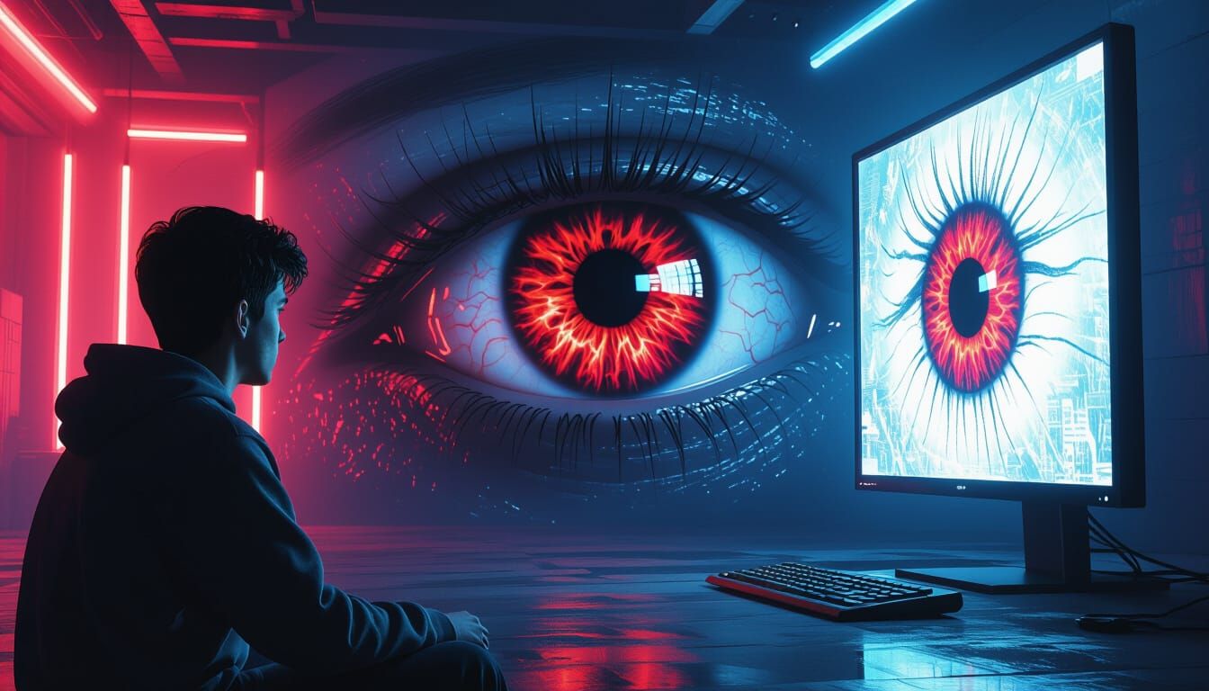 Intense Gaze: Man and the Glowing Eye in Cyberpunk Style