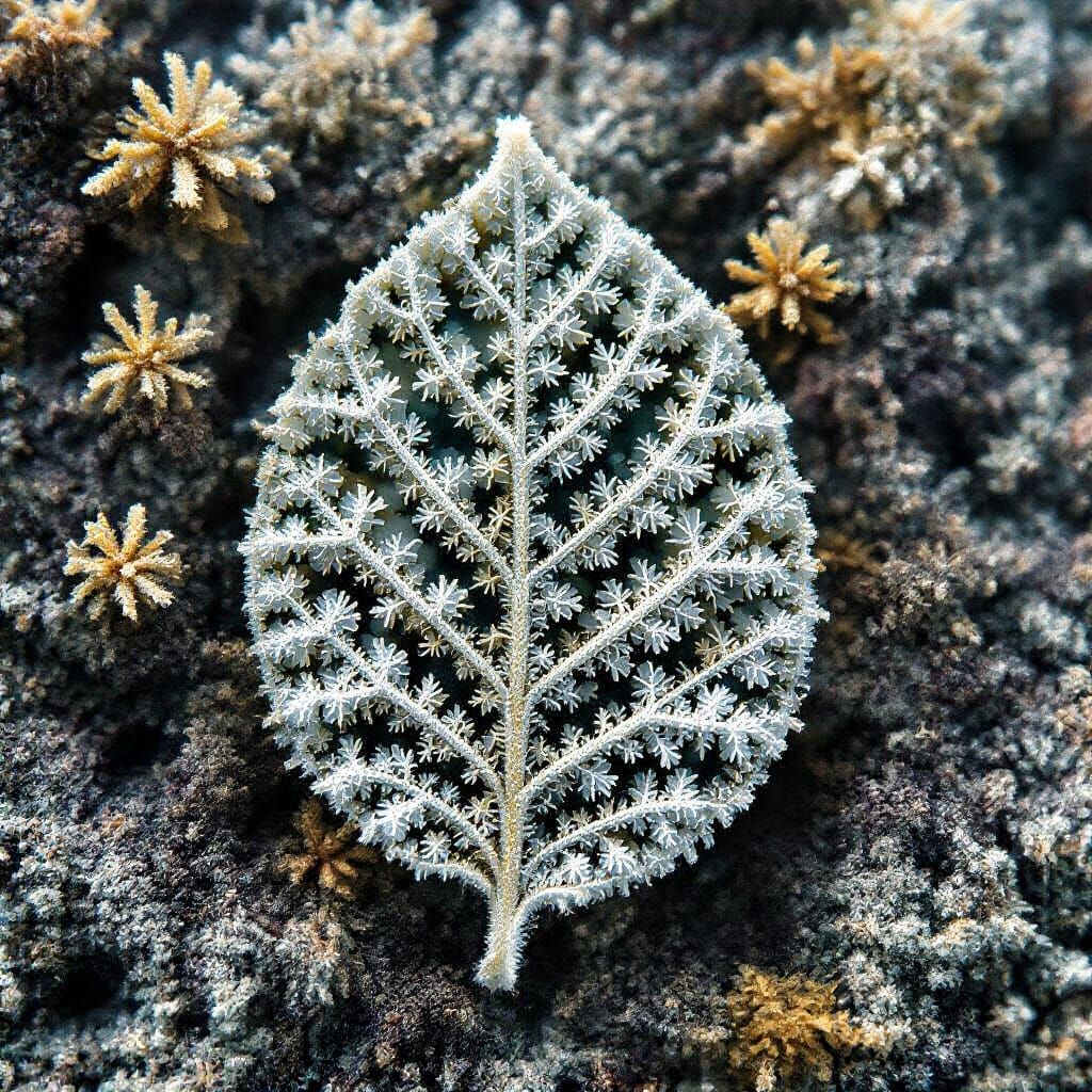 Intricate Ice Lattice on Ossified Leaf Skeleton