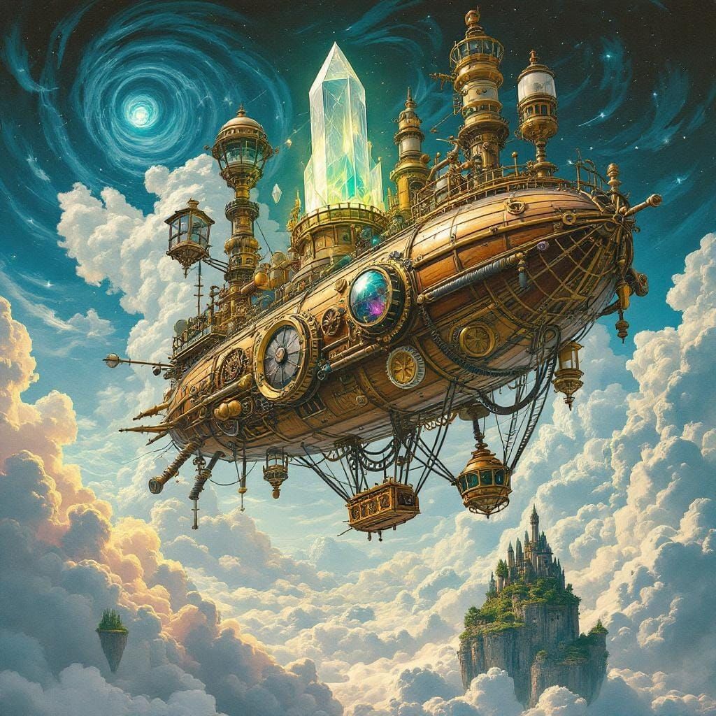 Steampunk Airship Over Floating Islands in Victorian Style