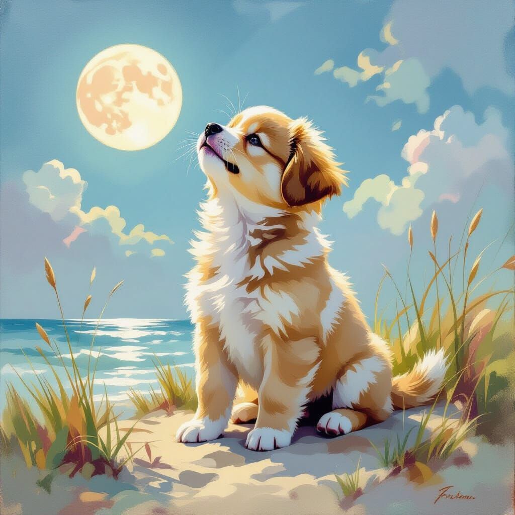 Puppy Howling on Moon in Impressionist Style
