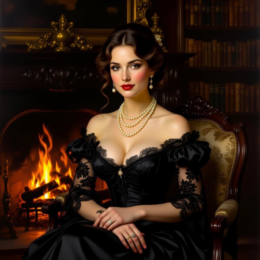 Baroque Portrait of Woman by Fireplace