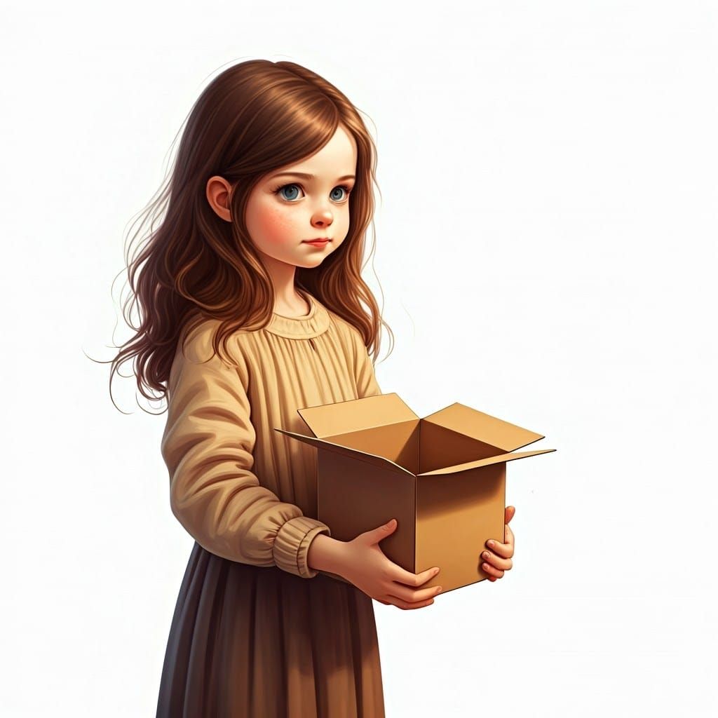 Whimsical Girl Shaking an Empty Box in Delicate Detail