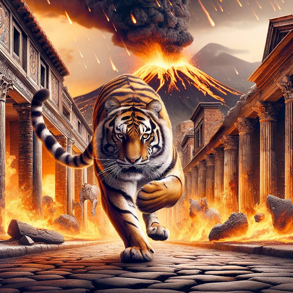 Tiger Runs Through Pompeii During Volcanic Eruption