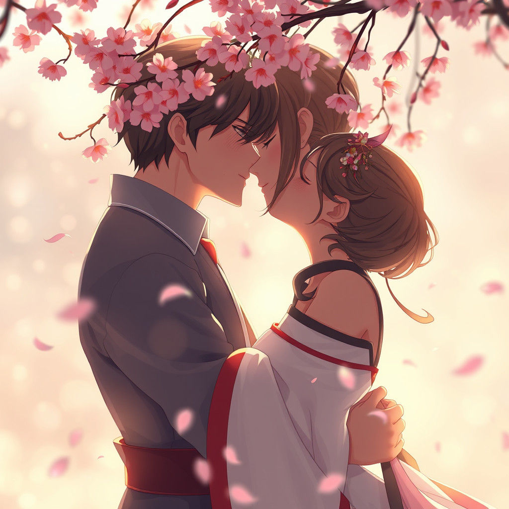 Romantic Kiss in Japanese Garden, Anime Style