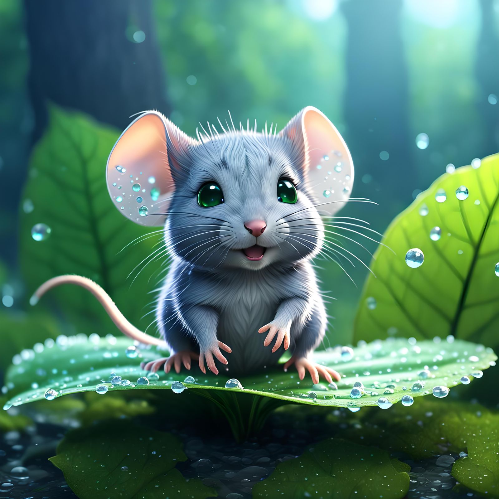 Chibi Furry Mouse in Dewy Forest, Digital Art