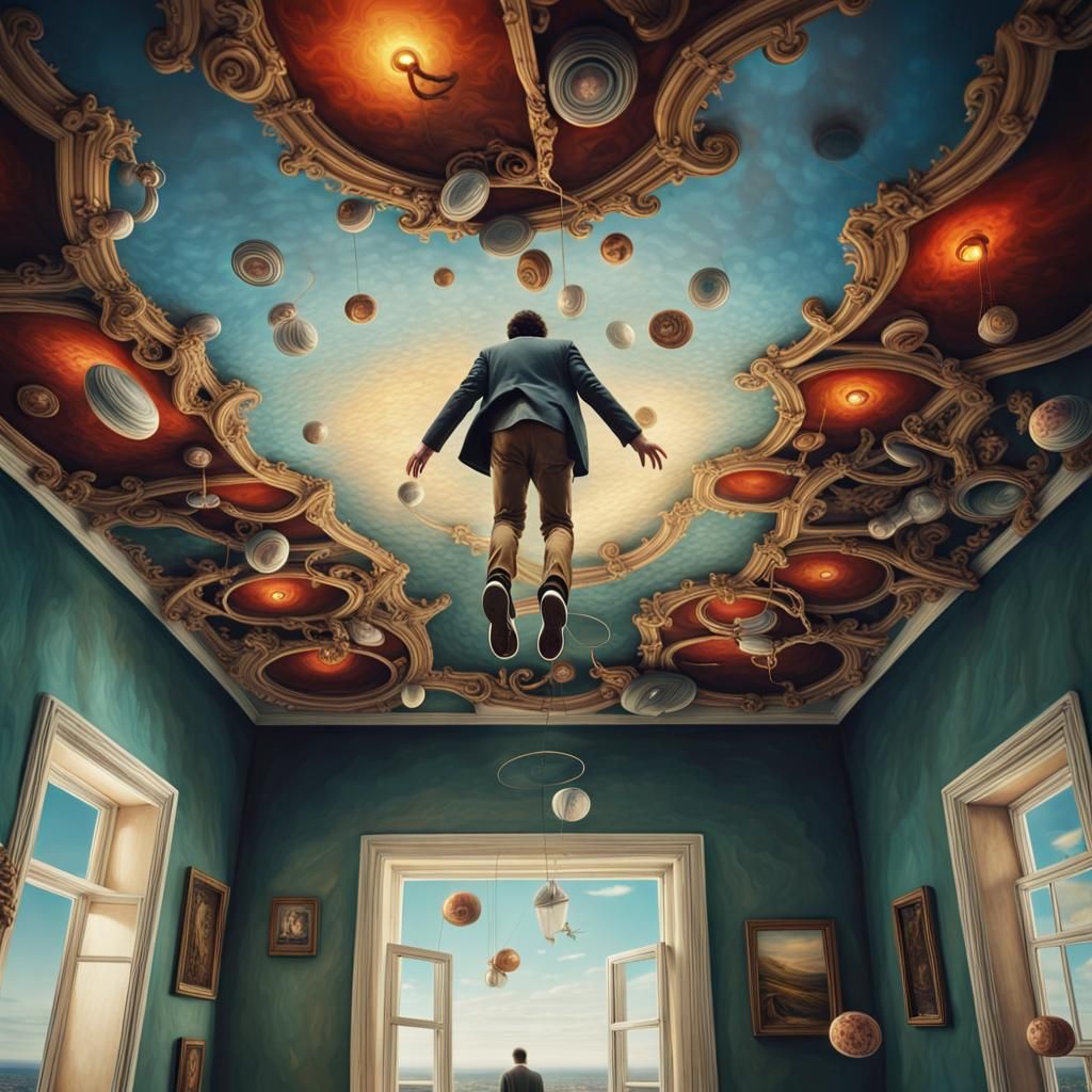 Surreal Upside-Down World with Man Walking on Ceiling