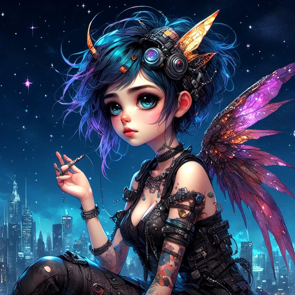 Cyberpunk Pixie on Rooftop Gazing at Stars