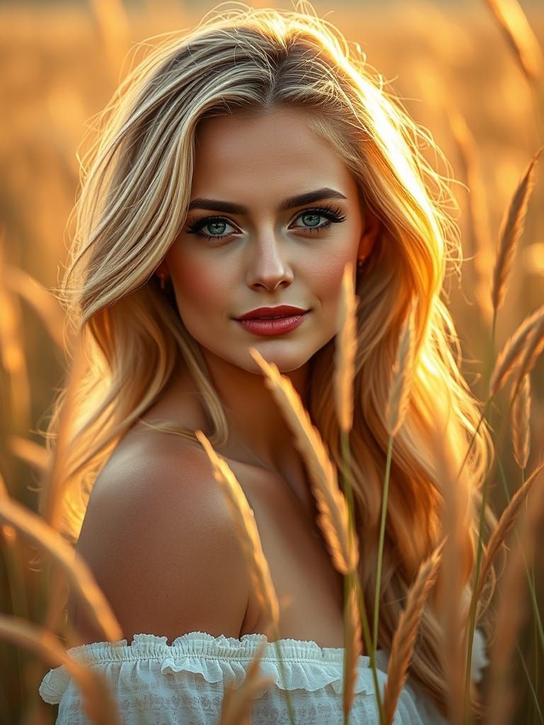 Serenely Standing Woman in a Golden Meadow