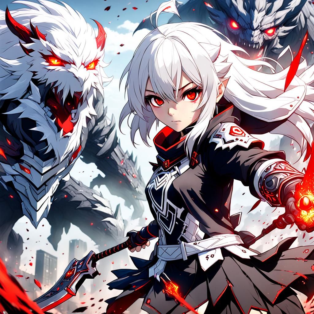 Anime Gamer Girl Fighting Monsters in Game World