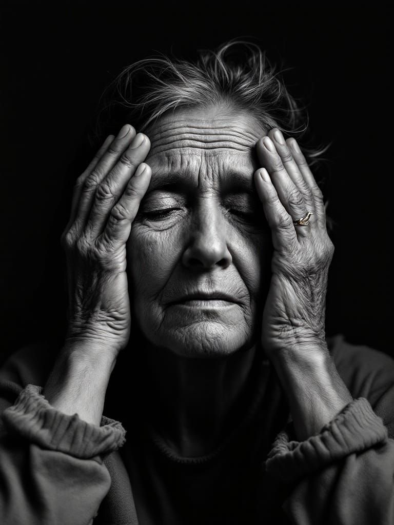 Middle-Aged Woman Lost in Thought, Monochrome Portrait