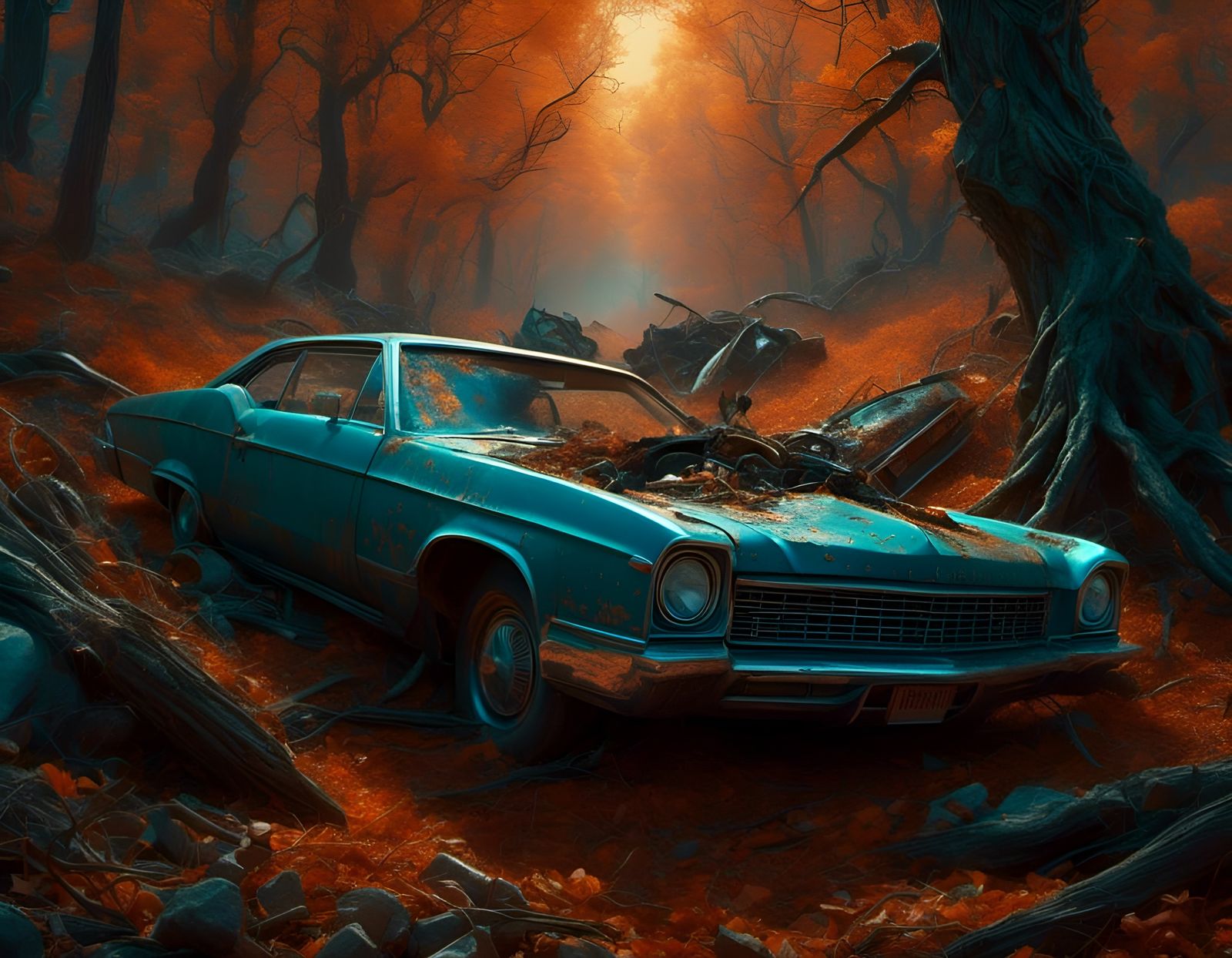 Teal Car Crash in Orange Forest