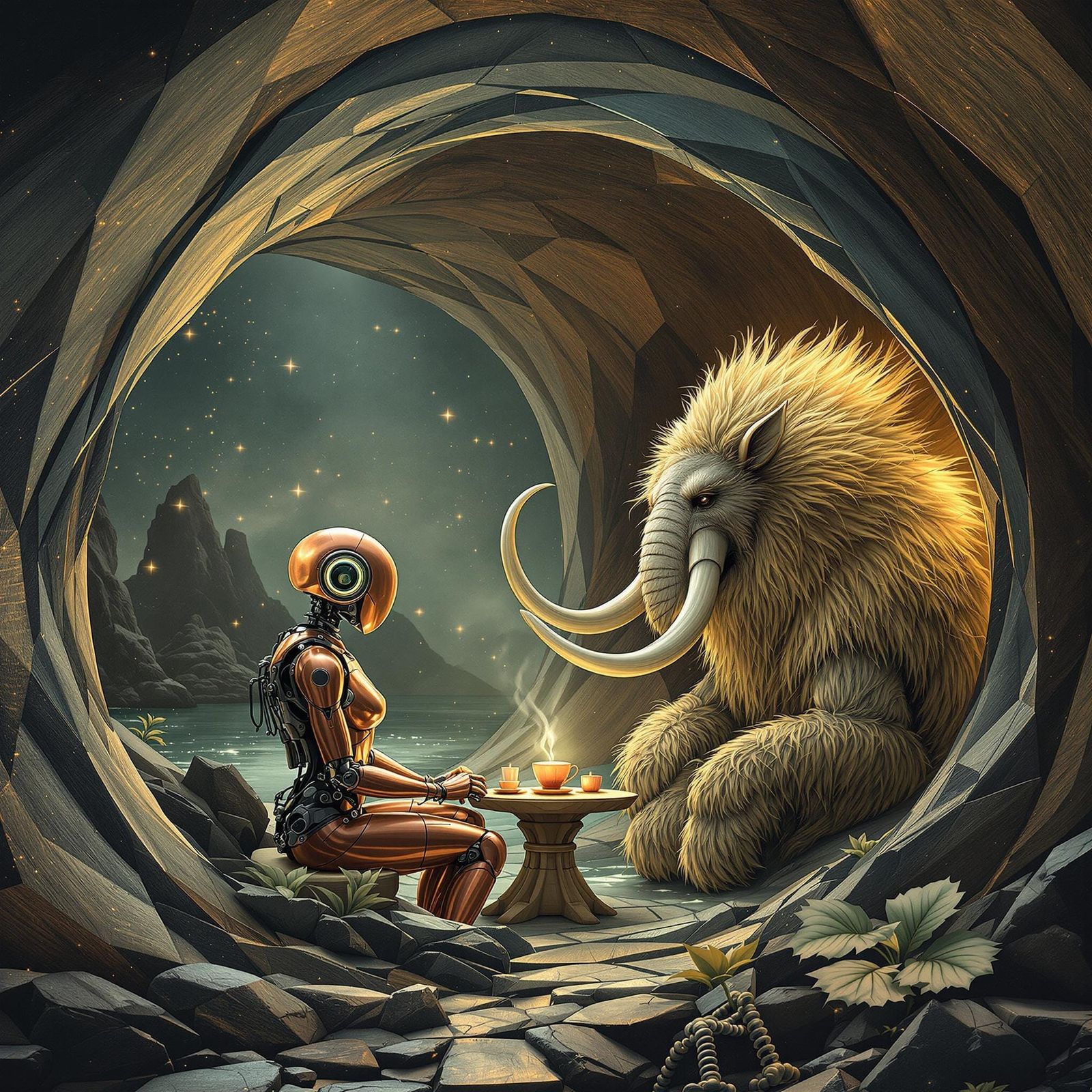 Surreal Constructivist Robot and Mammoth Share Tea in Futuri...