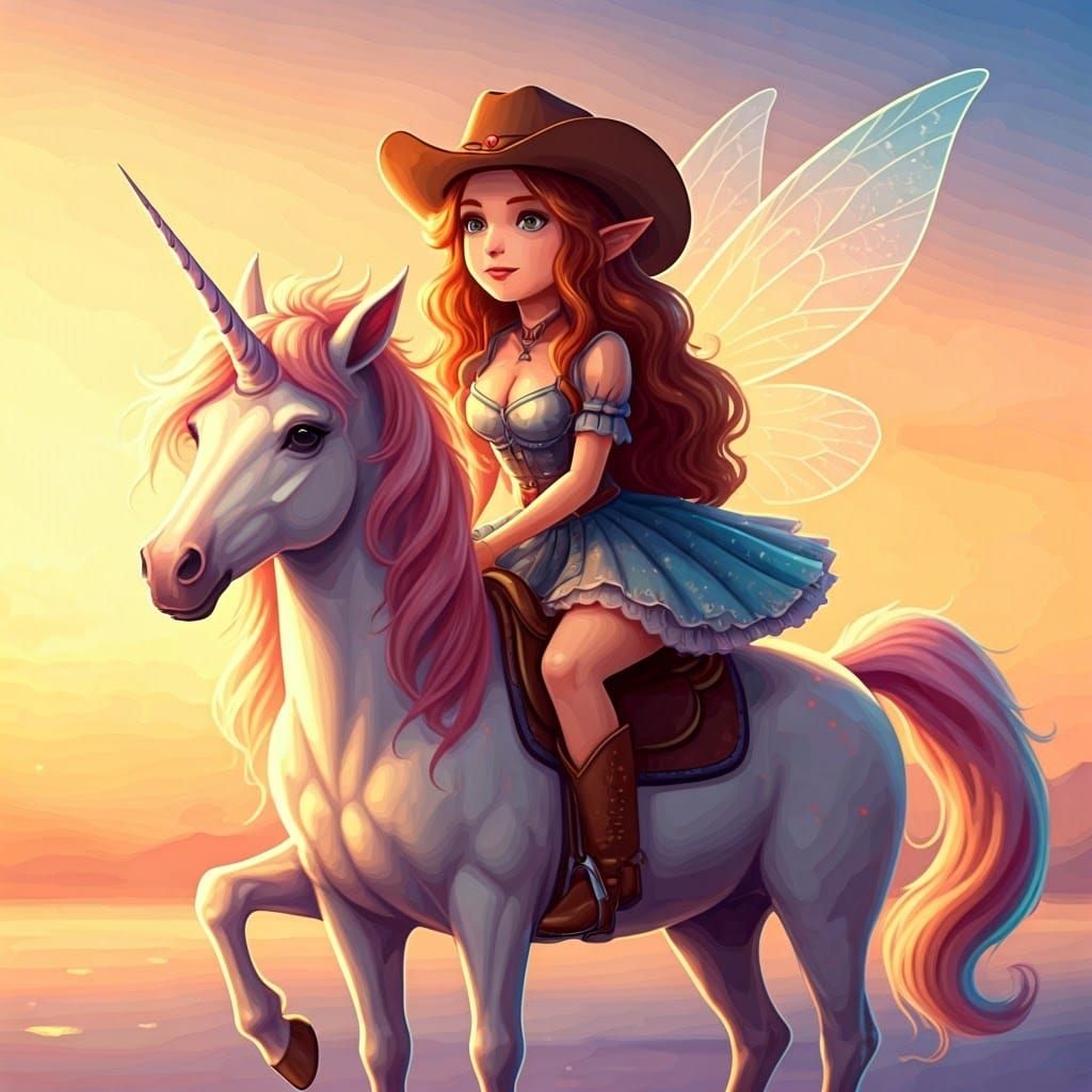 Whimsical Fairy Cowgirl Rides Unicorn in Vibrant Chibi Art