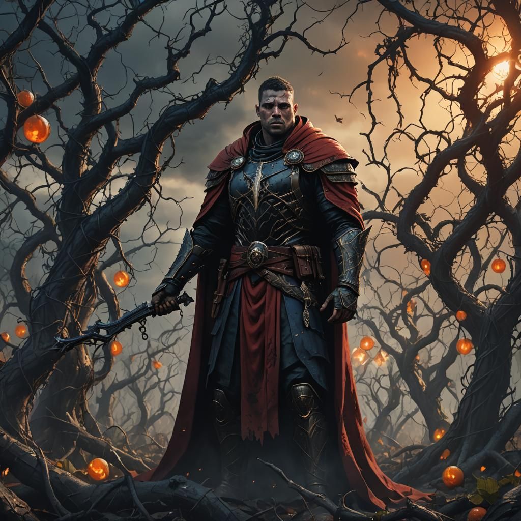 Wounded Warrior in Gothic Vineyard: Dark Fantasy Art