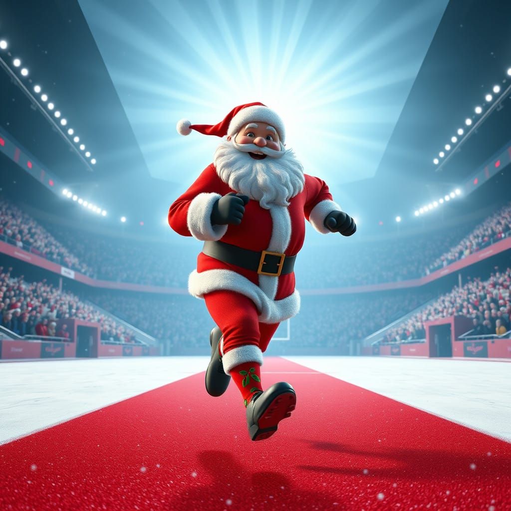 Cheerful Santa in Modern Football Gear Runs in Snowy Stadium