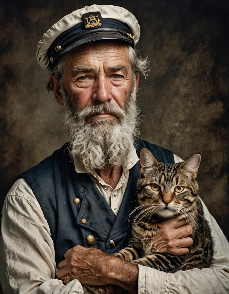 Weathered Sailor Portrait with Sleeping Tabby Cat