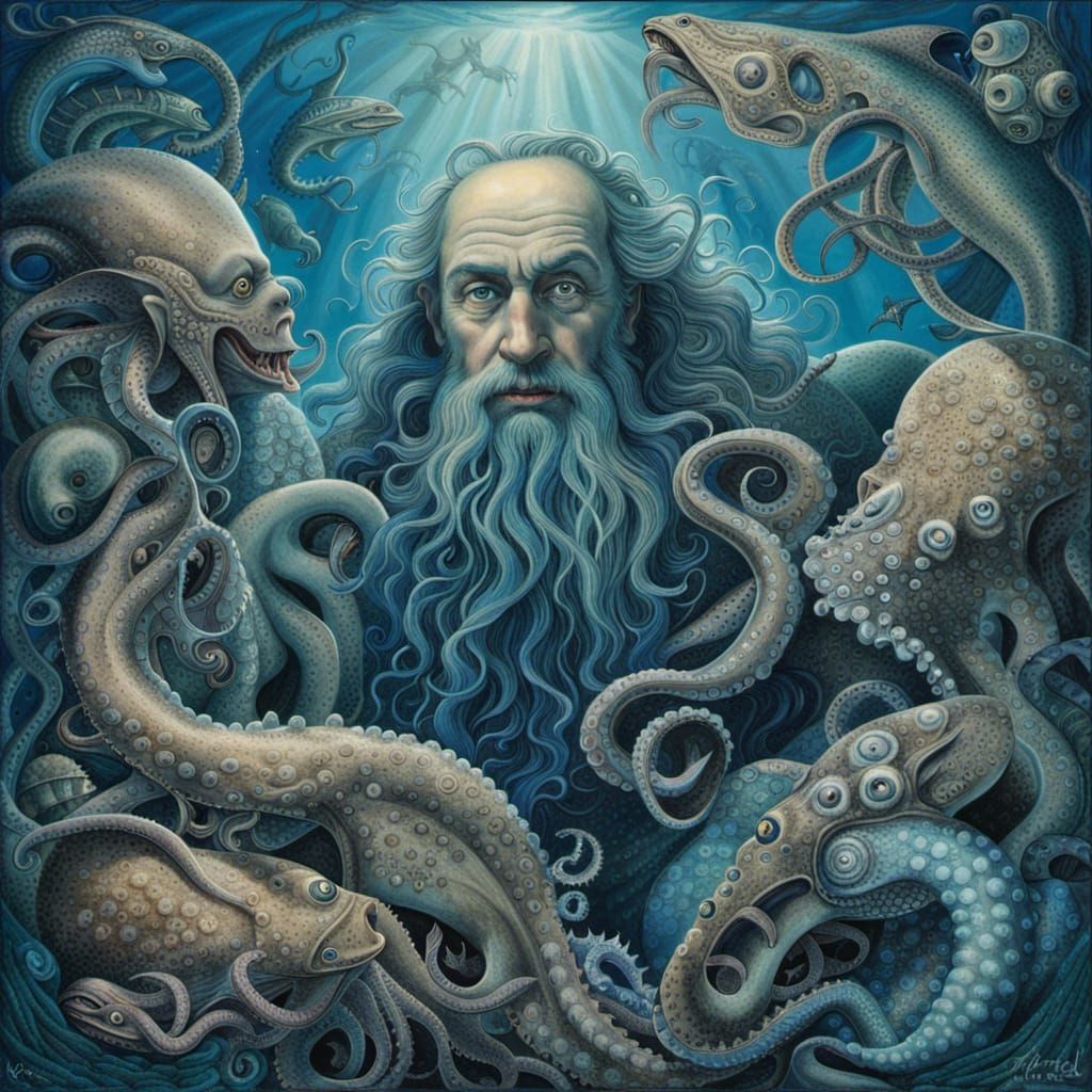 Blue Sea God Surrounded by Sea Life