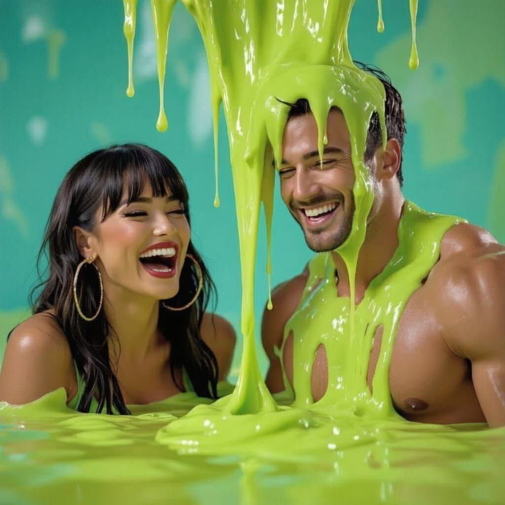 Couple Covered in Green Slime, Joyful and Playful
