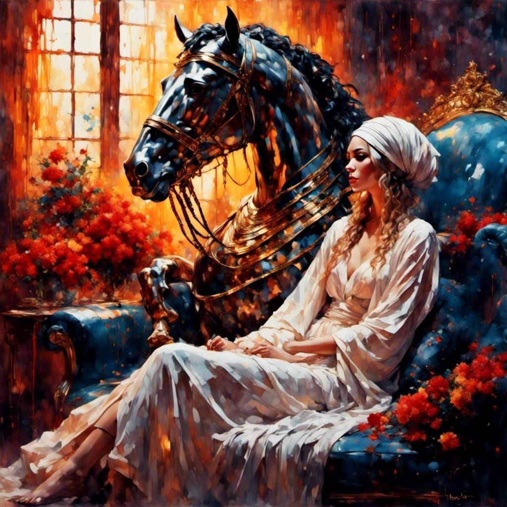 Helen of Troy with Trojan Horse, Watercolor Style