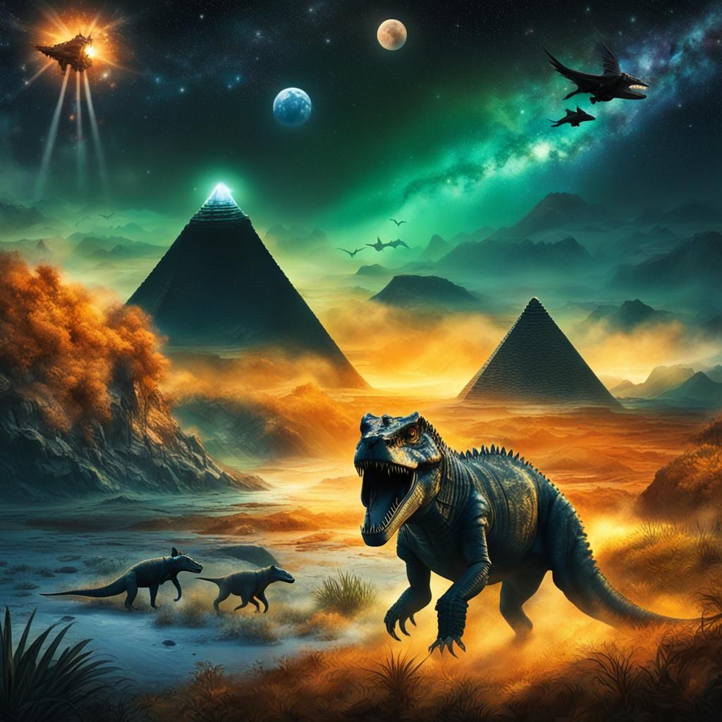 Liquid Gold Sea: T-Rex and Magic Pyramid