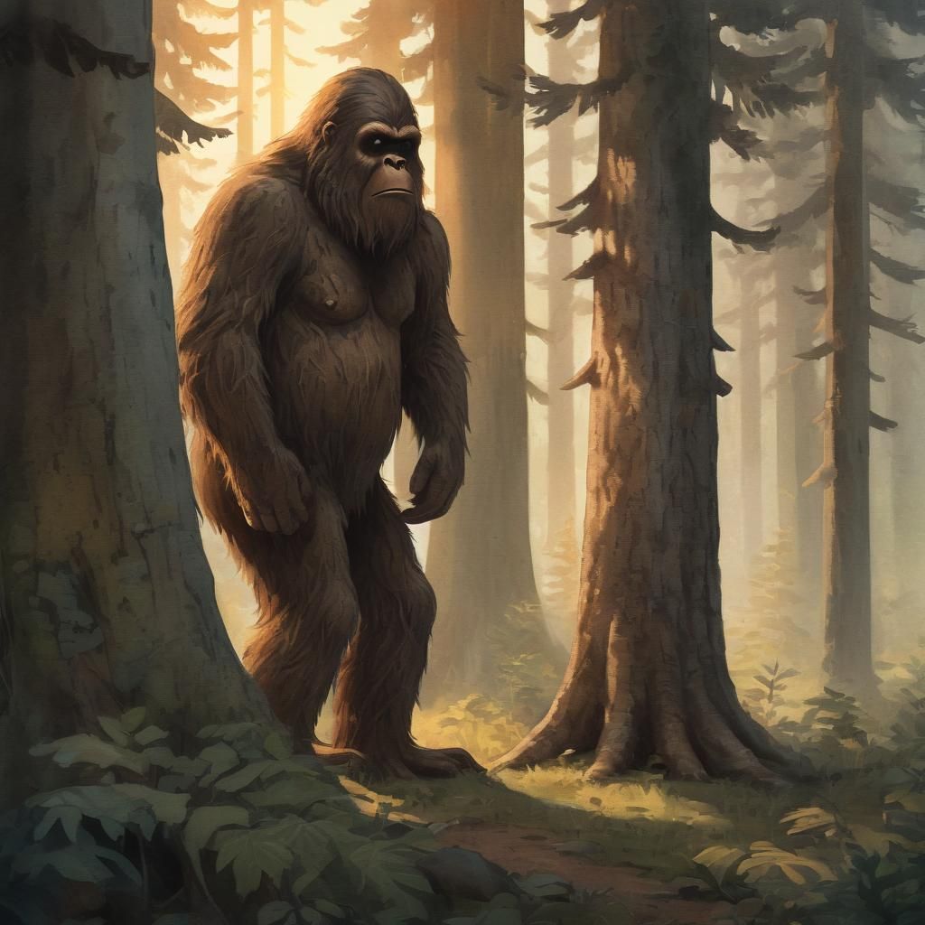 A shy but friendly Sasquatch peers from behind a tree trunk