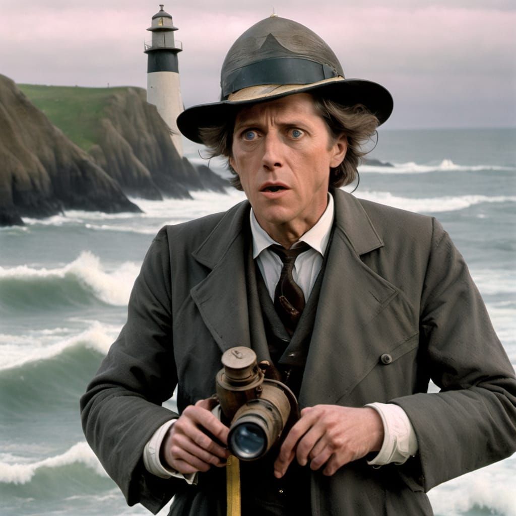 Long trousers, holding a spyglass telescope, 30-year-old Hugh Grant as a frightened lighthouse keeper in Alfred Hitchcoc...