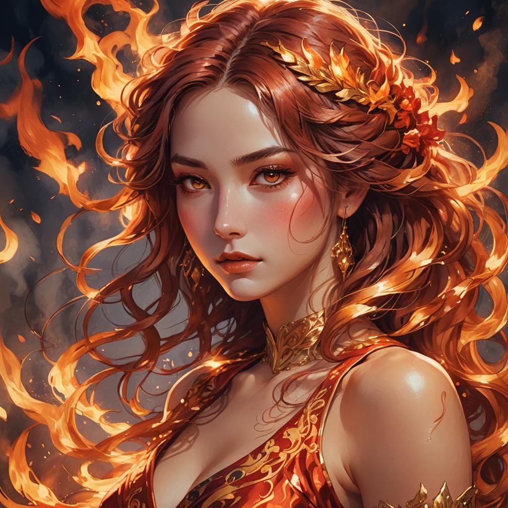 Fiery Goddess Portrait in Realistic Anime Style