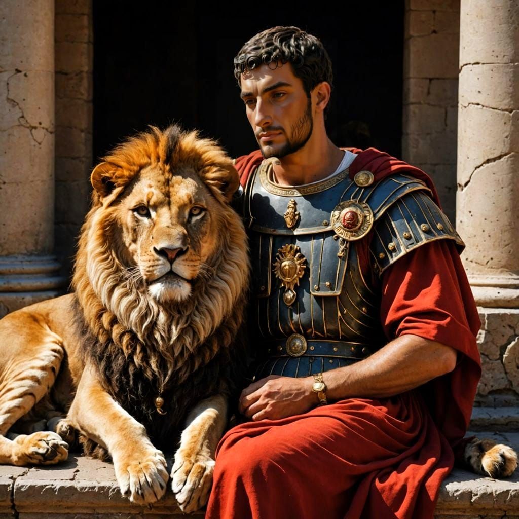 Roman Emperor Cuddles with Majestic Lion