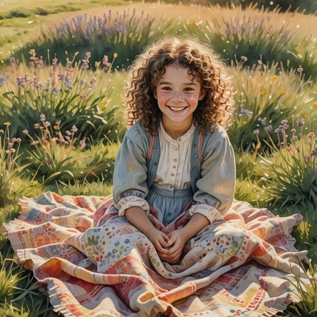 Watercolor Portrait of Girl in Sunny Meadow