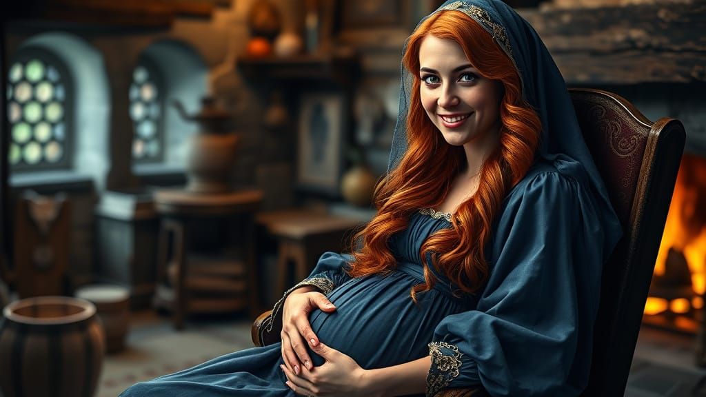 Medieval Pregnant Woman Sits by the Fireplace