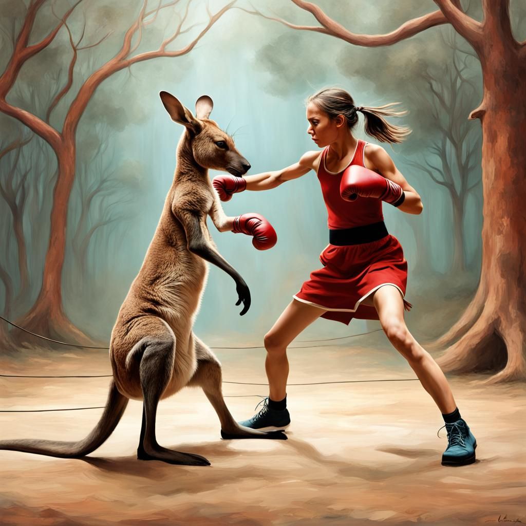 Girl Boxing Kangaroo in Colorful Outback Showdown
