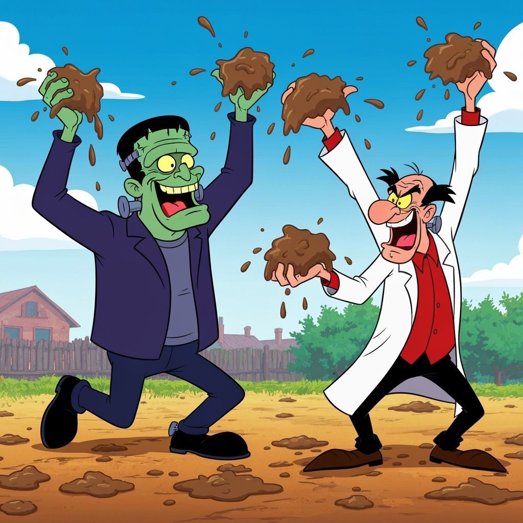 Frankenstein Monster & Mad Scientist Mud Fight Cartoon
