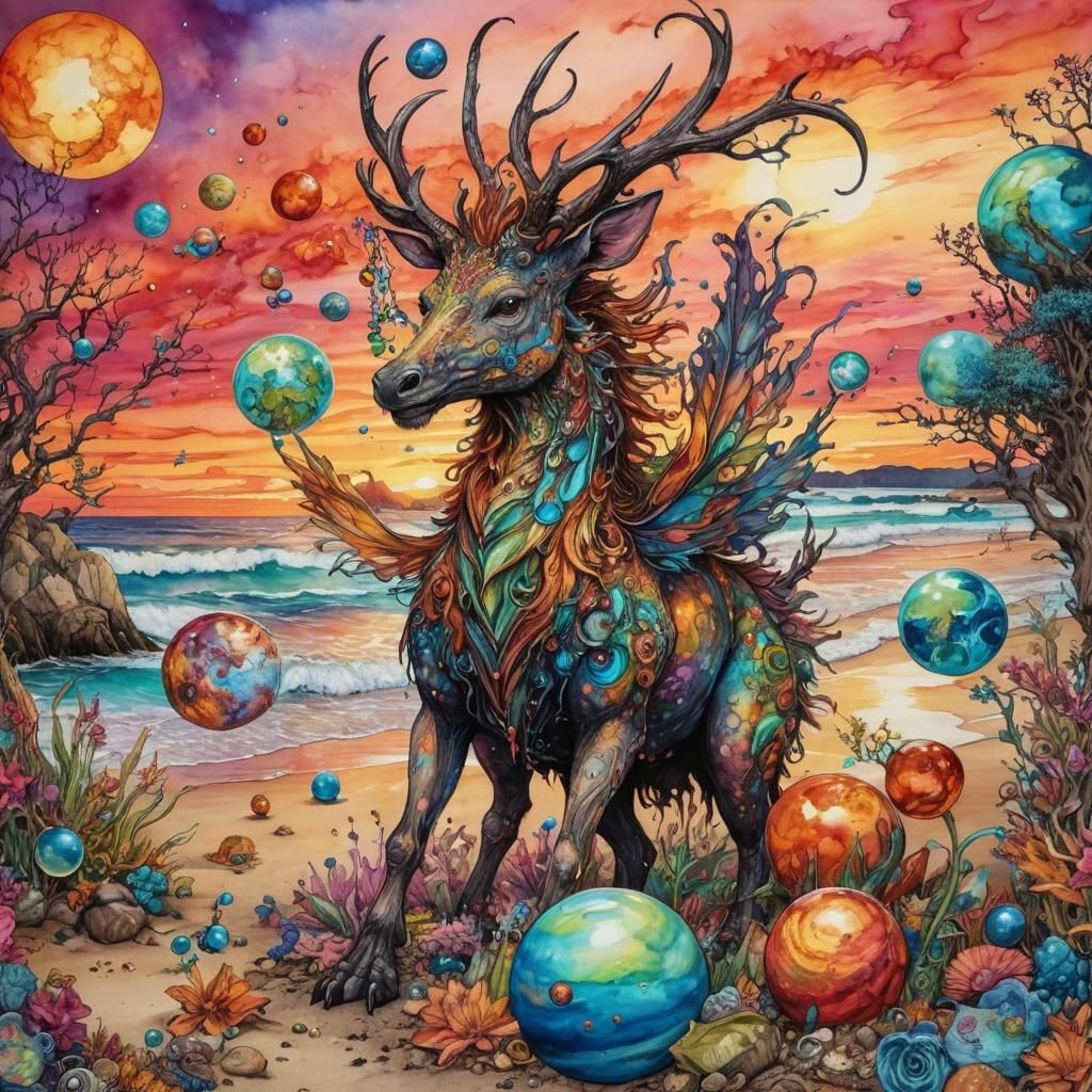 Magical Mythical Creatures on a Sunset Beach: Ink Art