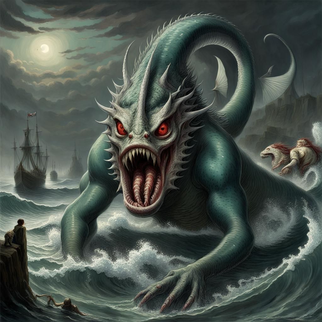 Tanagran Triton Sea Monster in Horror Style