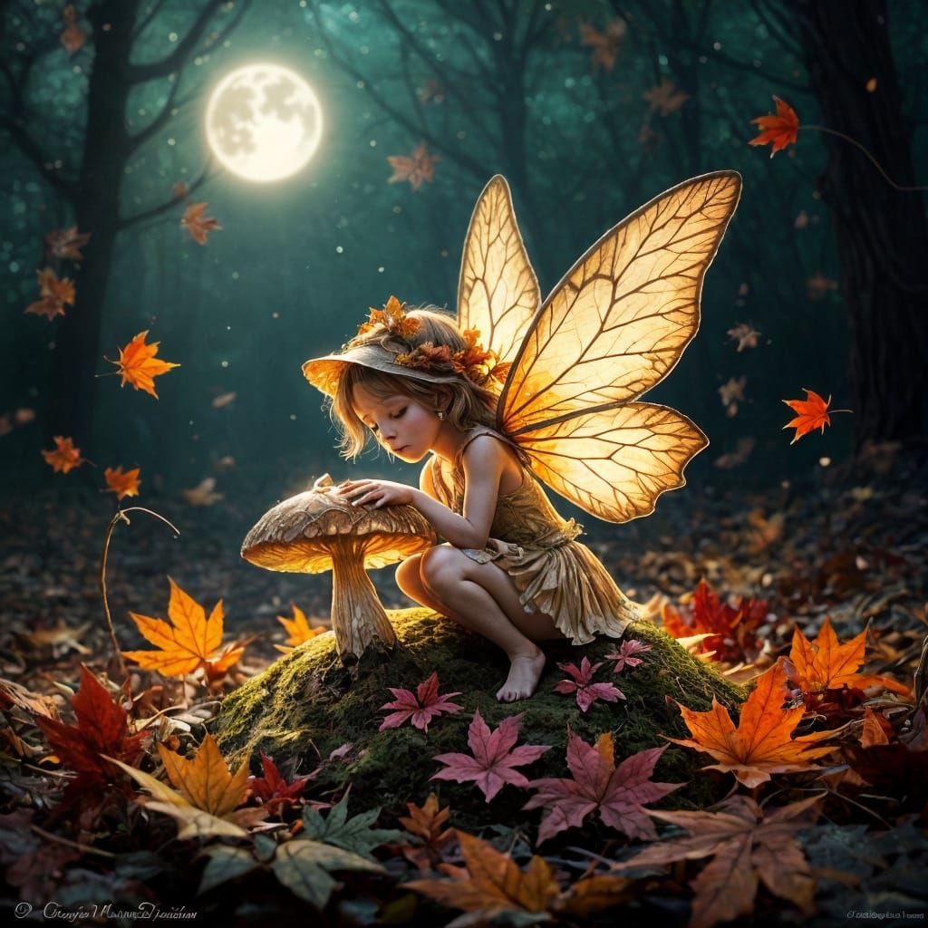 Bioluminescent Mushroom Fairy Amidst Autumn Leaves
