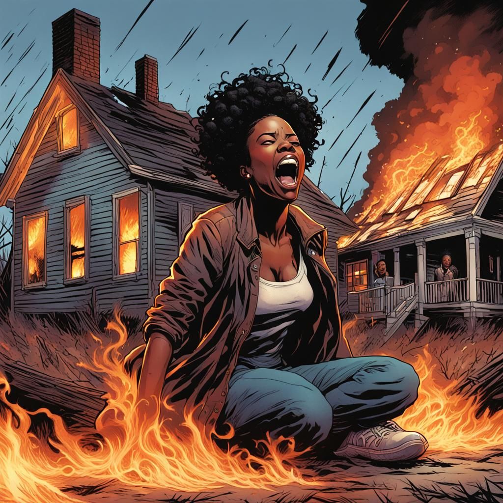 Grieving Woman Before Burning House, Comic Book Art