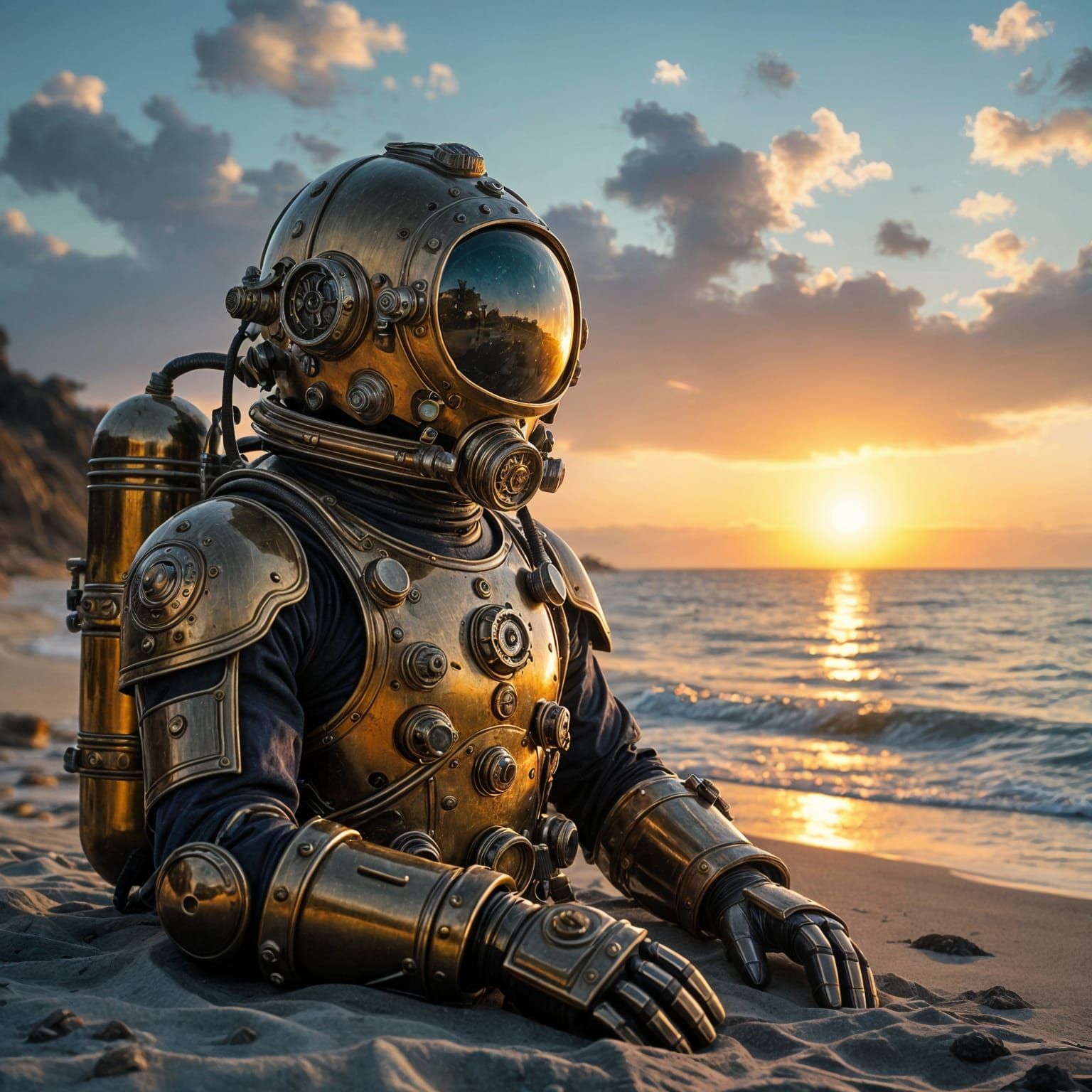 Steampunk Diving Suit on Alien Shore with Ecosystem