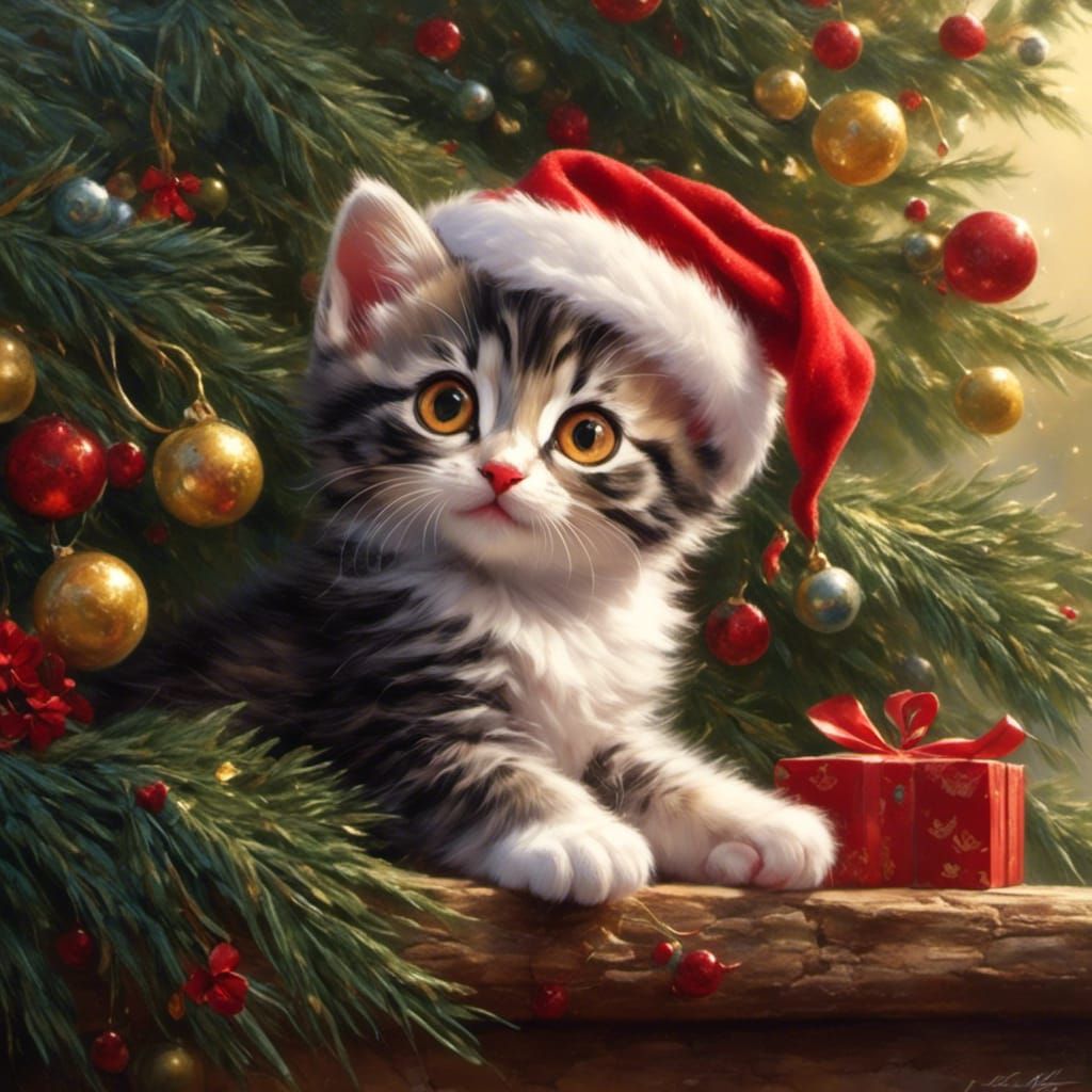 Curious Kitten in Christmas Tree, Cute Holiday Scene