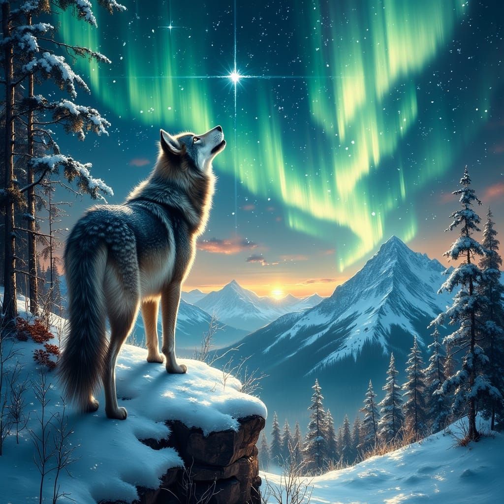 Majestic Wolf Under Ethereal Aurora