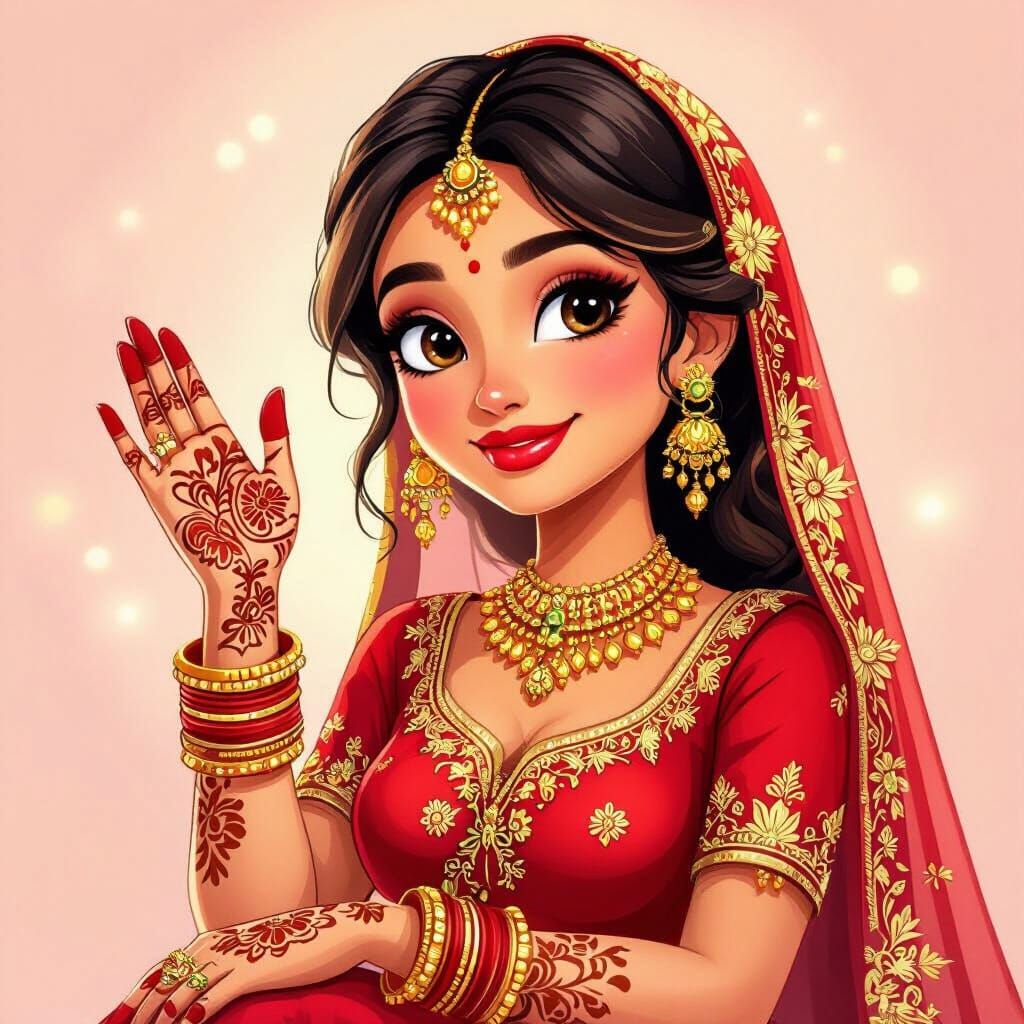 Indian Bride with Mehndi in Cartoon Style