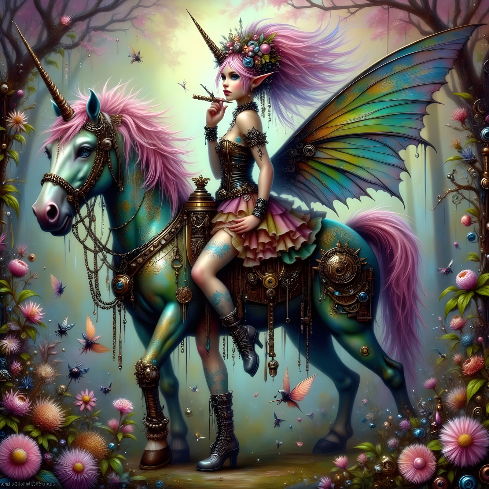 Steam-Powered Unicorn Amidst Fantastical Forest Machinery