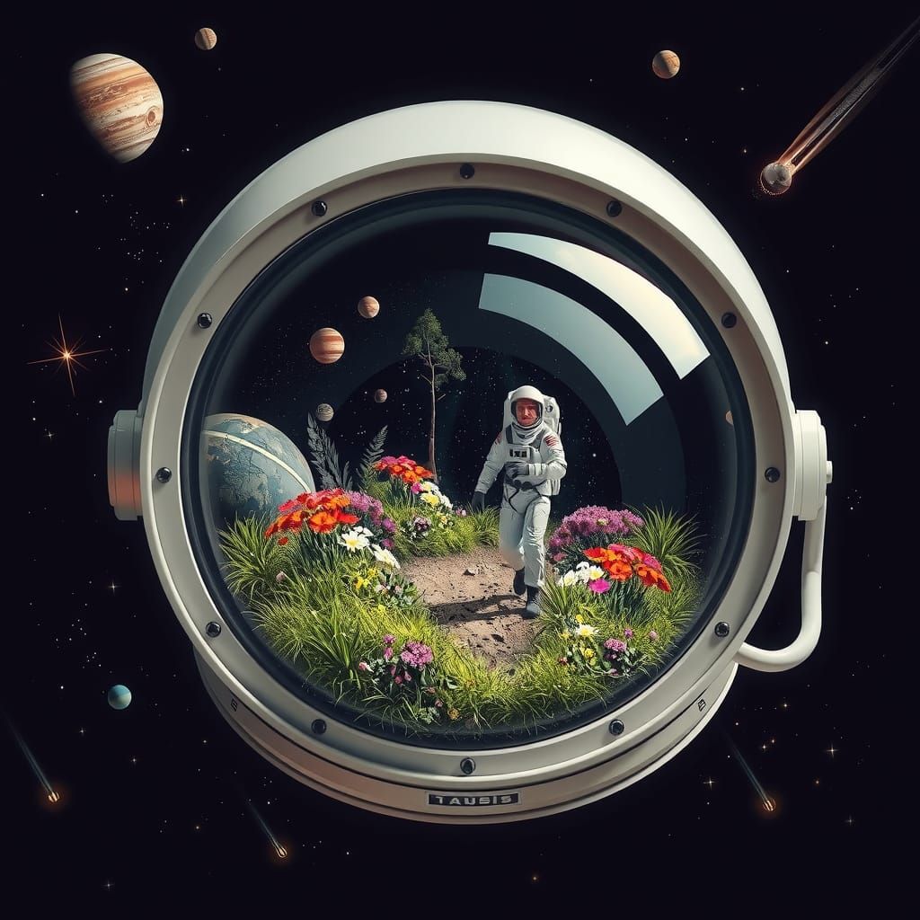Miniature Natural World Inside a Space Helmet