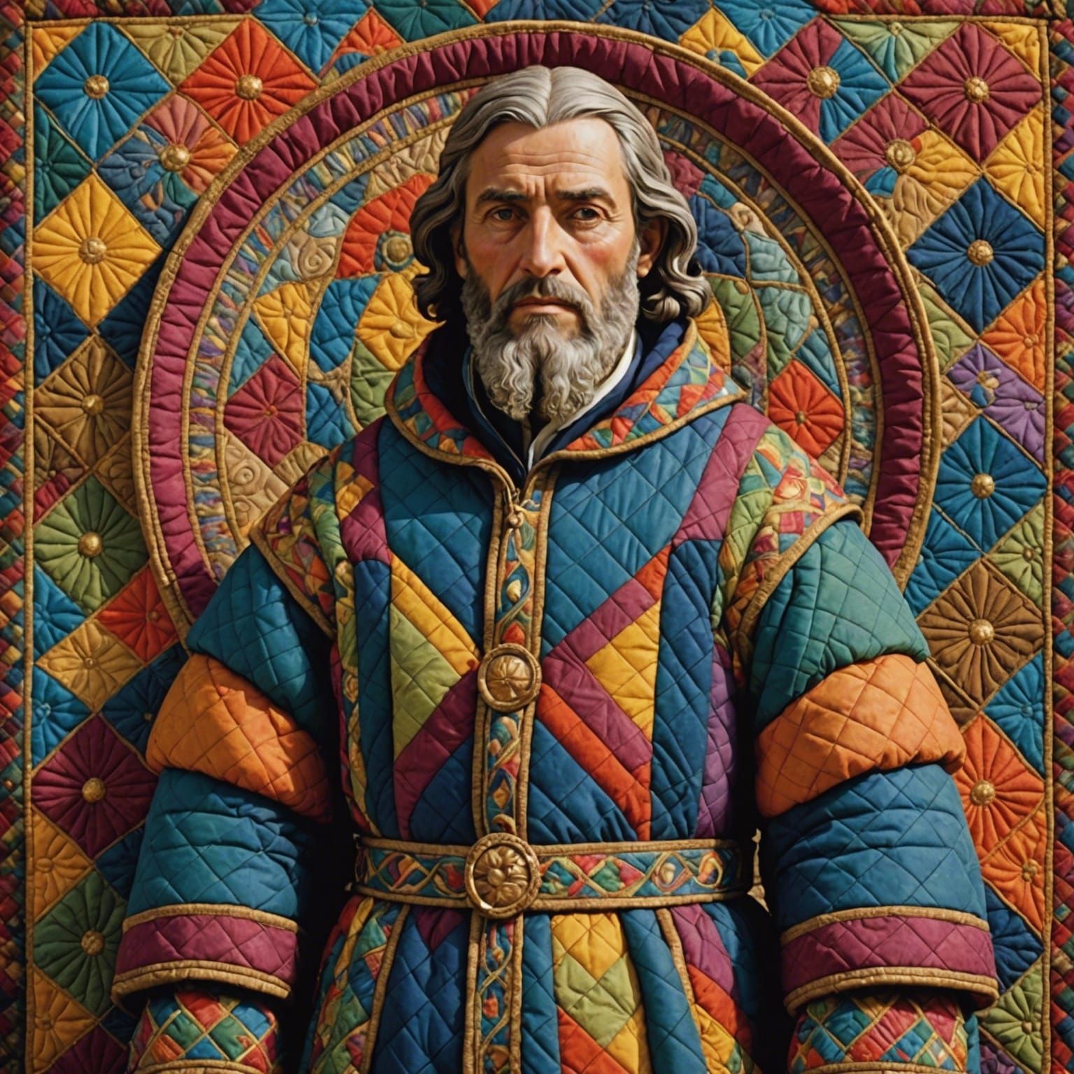 Biblical Figure in Multicolored Quilted Coat