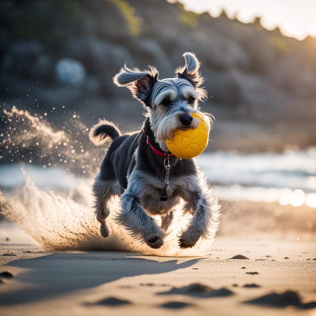 Schnauzer Dog Chasing Ball on Beach