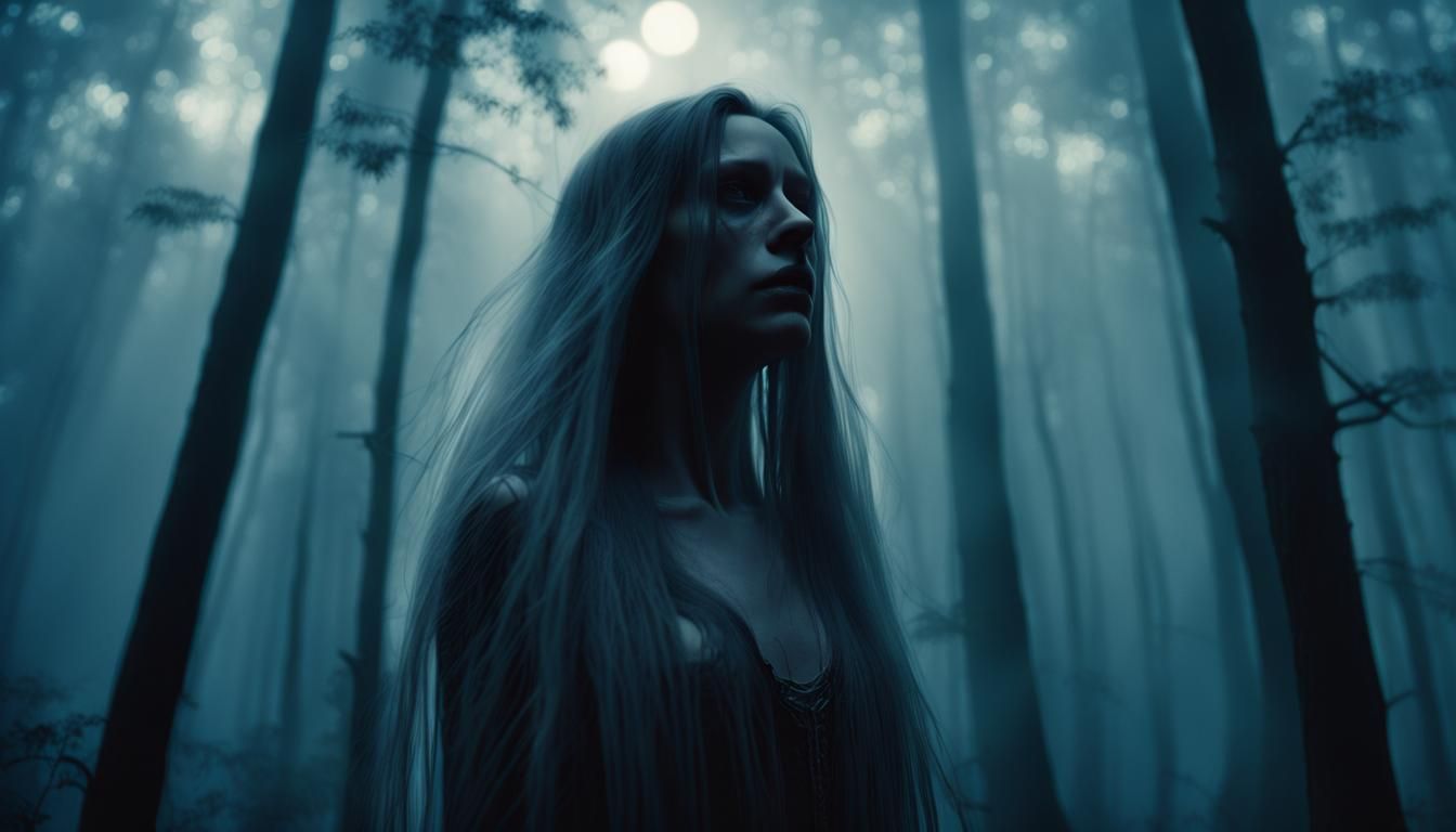 Ethereal Woman in Misty Forest, Inspired by Giger