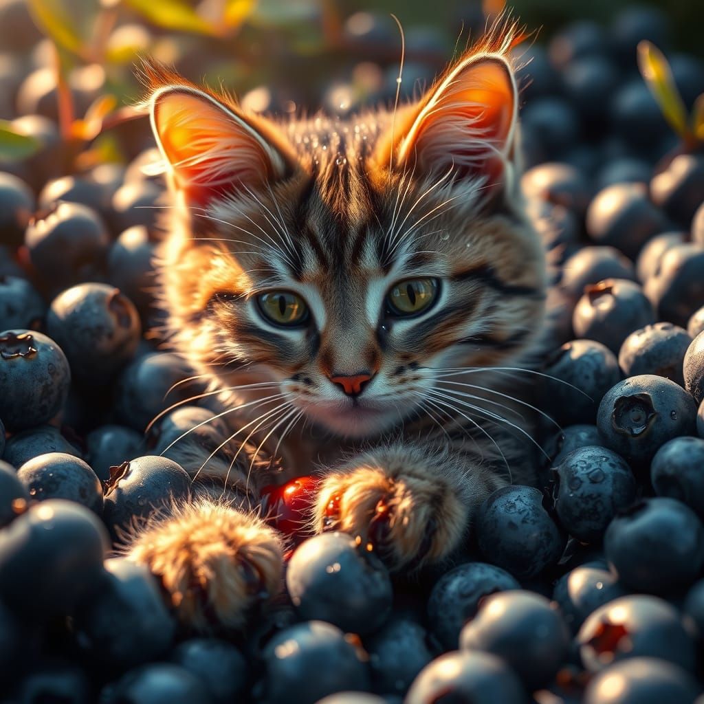 Cat Submerged in Blueberries in Hyperrealistic Detail
