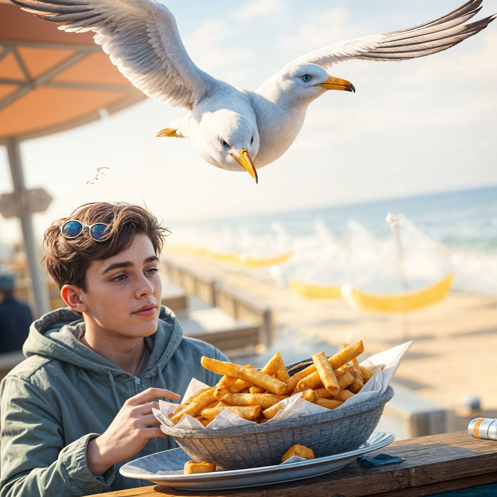 Seagull in Flight Levitates Above Young Man's Fish Supper in...