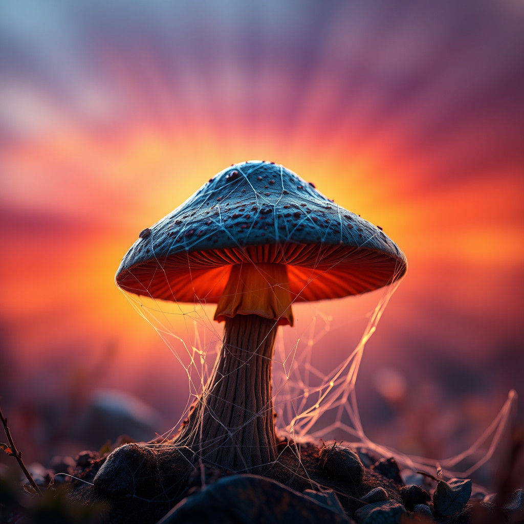 Mushroom in Spiderweb Bathed in Sunset Light
