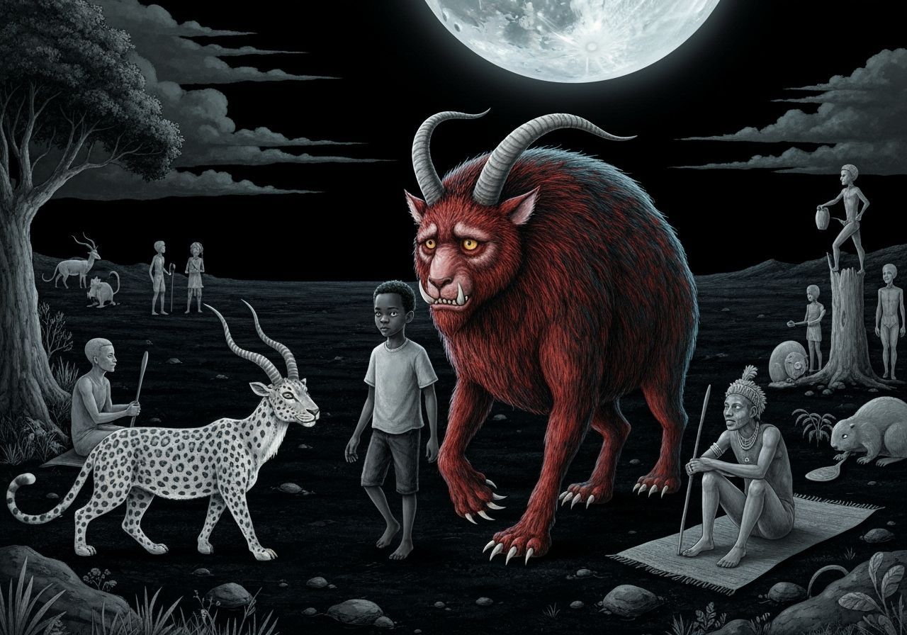 African Boy and Beast in the Underworld